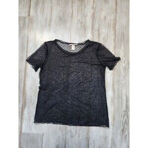 Victoria's Secret Sheer Mesh Dot Blouse Round Neck Short Sleeve Black Sz M EUC